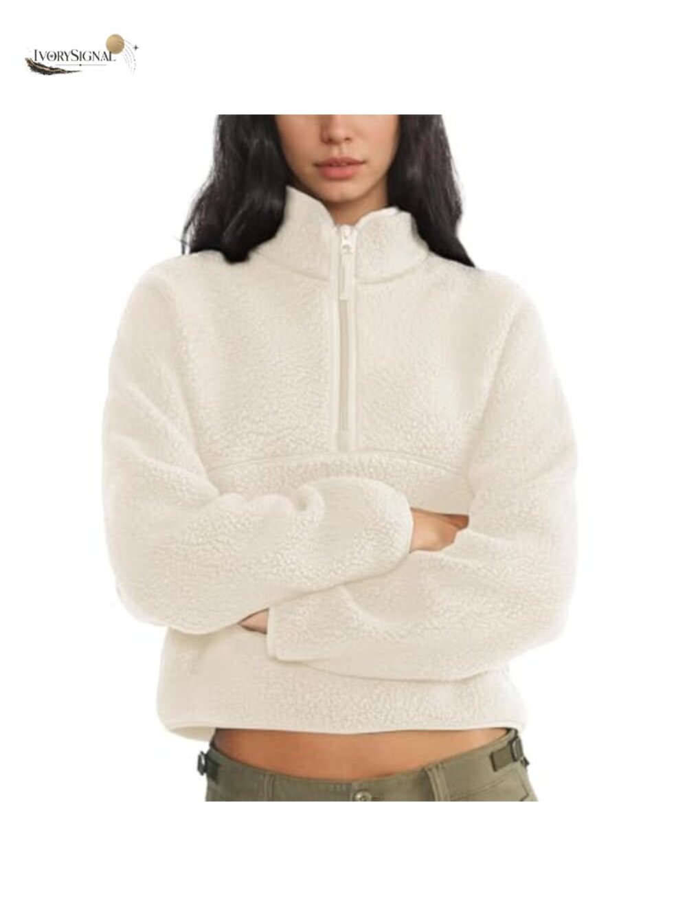 Women's Cropped Sherpa Fleece Half Zip Sweatshirt Fuzzy Warm Varsity Jacket